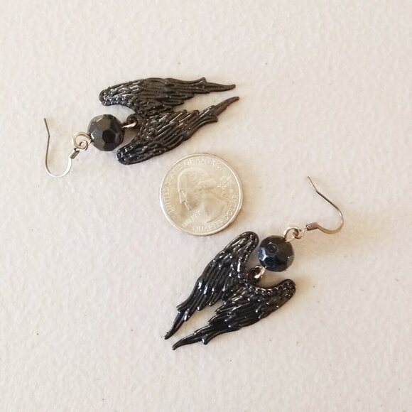 Black Angel Wings - Patina Painted Dangle Earrings - Big Black Wing Earrings - Picture 7 of 8